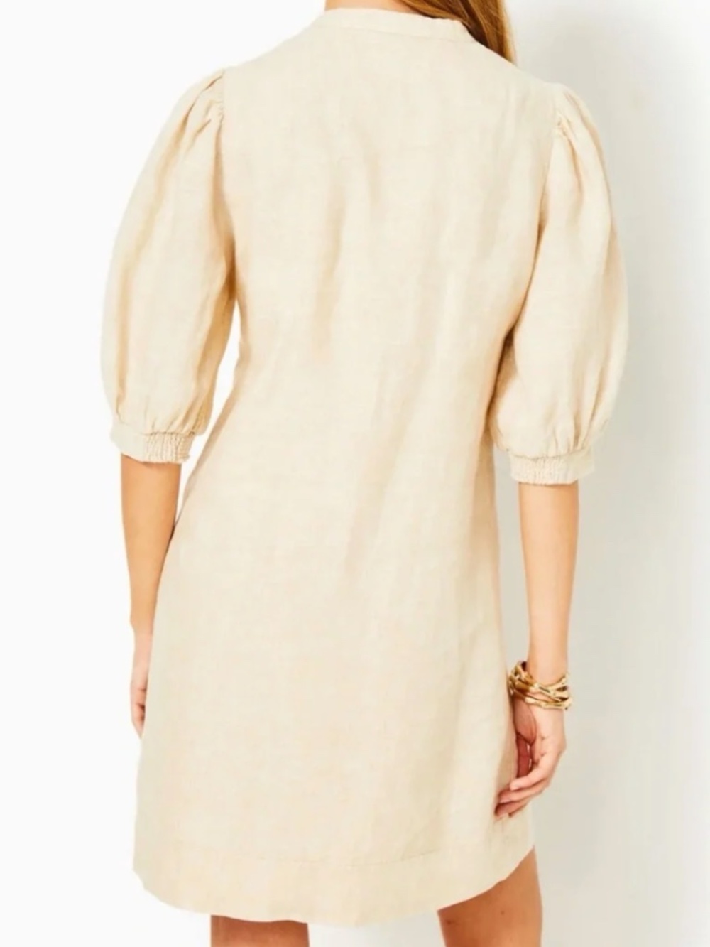 Lilly Pulitzer Mialeigh Lagoon Linen Dress 4 Beige Shift Puff Sleeve Coastal - Picture 2 of 2